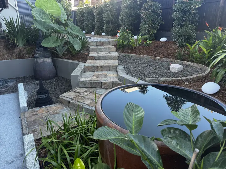 Natural stone paving, water features, ponds