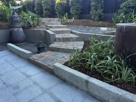 Japanese garden with a natural stone pathways, low maintance water features